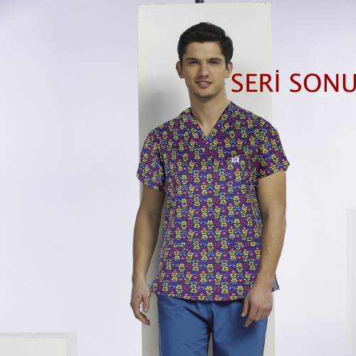KU 20 - Lacivert Telefon Desenli | Doktor Hemşire Unisex Forma Üst
